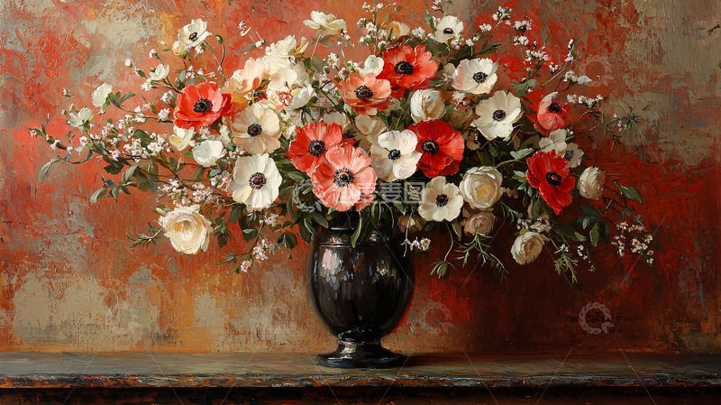 高清大图下载【趣麦麦图】红白罂粟花瓶静物油画