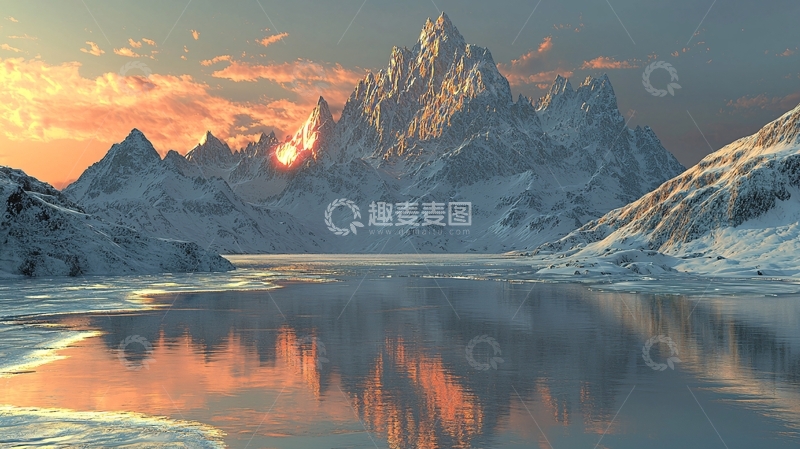 高清大图下载【趣麦麦图】雪山日落湖泊倒影