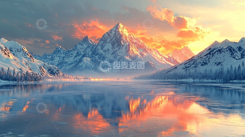 高清大图下载【趣麦麦图】雪山日落湖面反射
