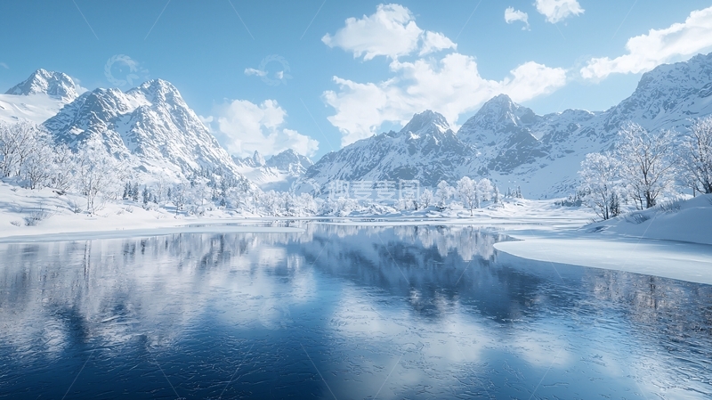 高清大图下载【趣麦麦图】冰雪覆盖的山脉与湖泊