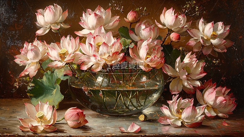 高清大图下载【趣麦麦图】粉嫩莲花静物油画