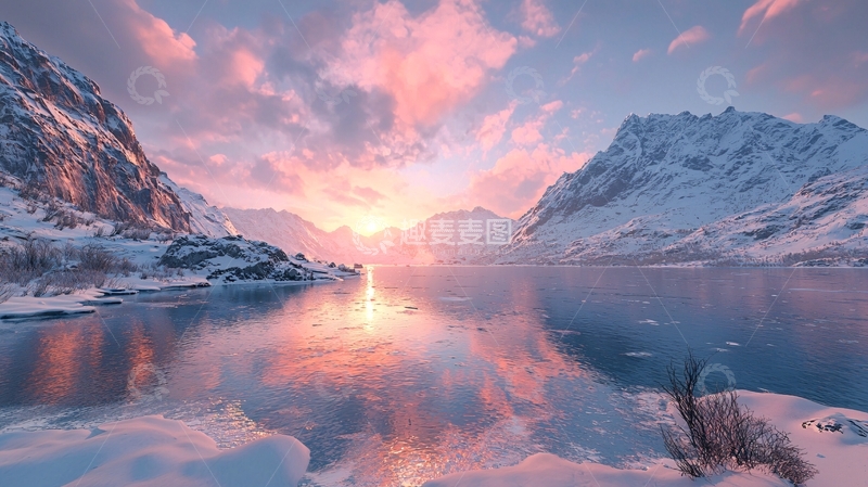 高清大图下载【趣麦麦图】粉红色天空下的雪山峡湾