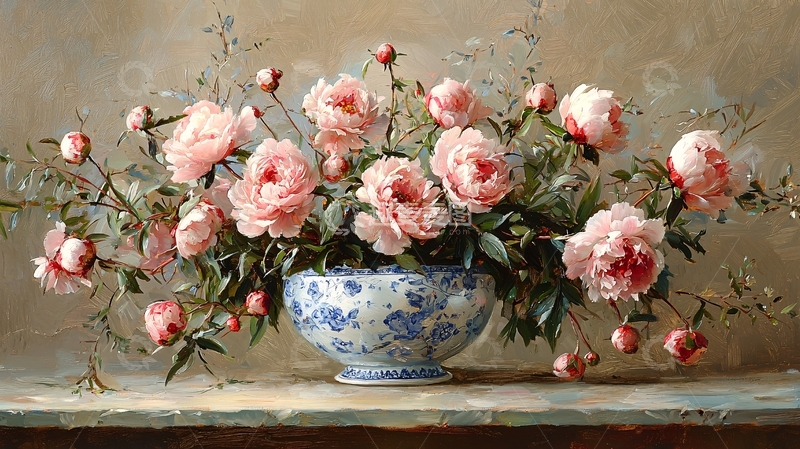 高清大图下载【趣麦麦图】粉嫩牡丹花瓶静物油画