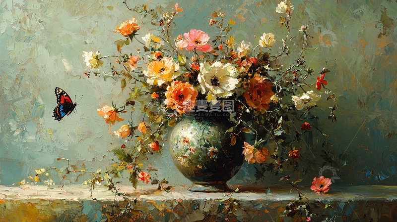 高清大图下载【趣麦麦图】静物油画花卉蝴蝶