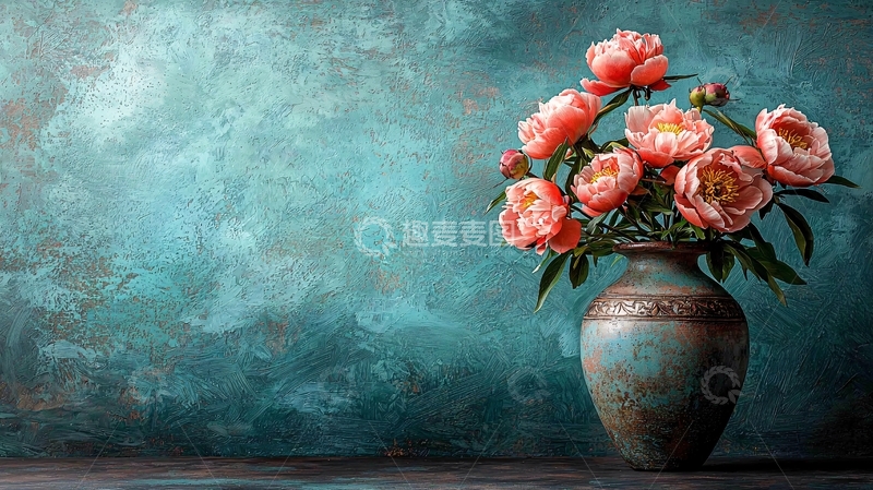 高清大图下载【趣麦麦图】复古花瓶里的粉色牡丹花