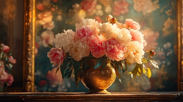 金色花瓶里的粉色和白色牡丹花