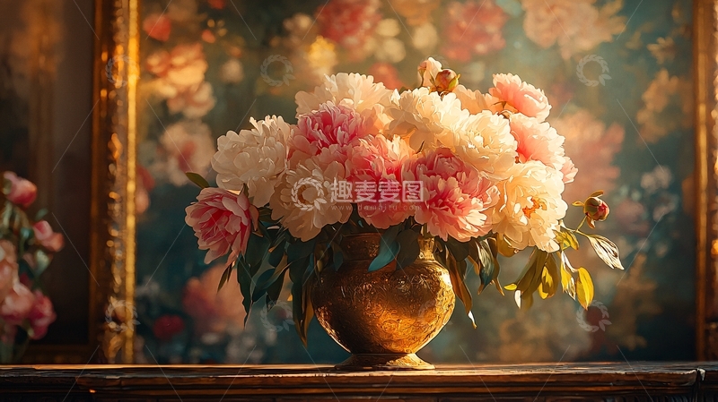 高清大图下载【趣麦麦图】金色花瓶里的粉色和白色牡丹花