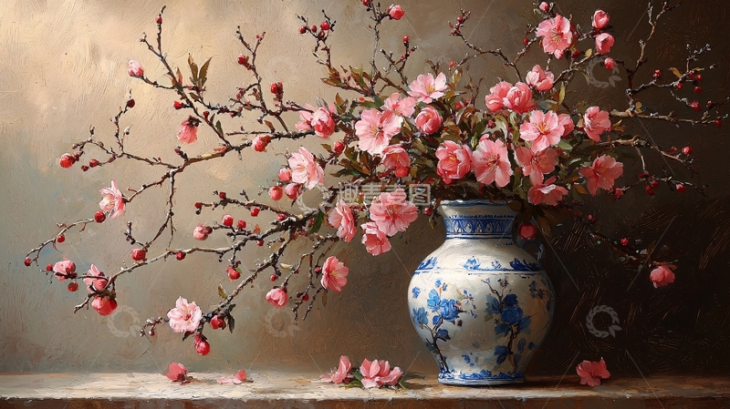 高清大图下载【趣麦麦图】粉嫩桃花插花静物油画