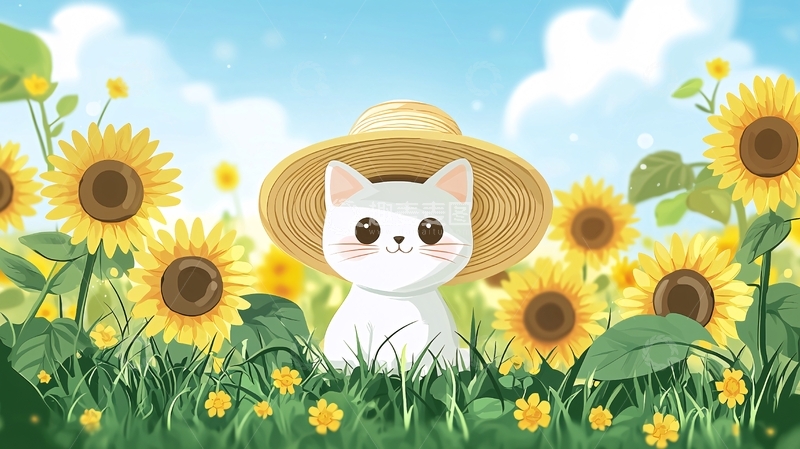 高清大图下载【趣麦麦图】戴草帽的猫咪向日葵田