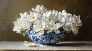 白瓷碗中盛开的白色玉兰花