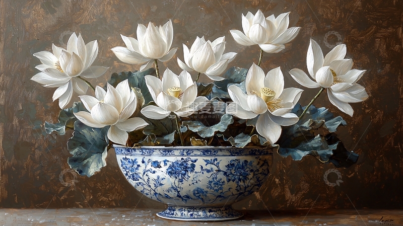 高清大图下载【趣麦麦图】白瓷碗里盛开的白色莲花