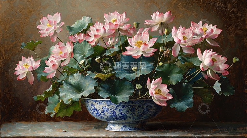 高清大图下载【趣麦麦图】粉嫩莲花瓷器花瓶静物油画