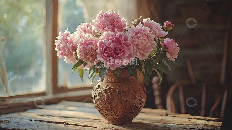 高清大图下载【趣麦麦图】阳光下木窗边的粉色牡丹花束