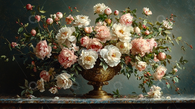 高清大图下载【趣麦麦图】精美玫瑰花瓶静物油画
