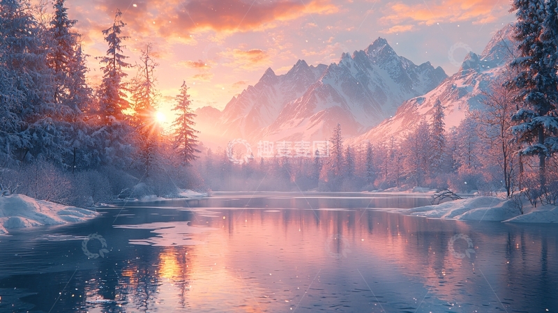 高清大图下载【趣麦麦图】雪山日落湖泊景色