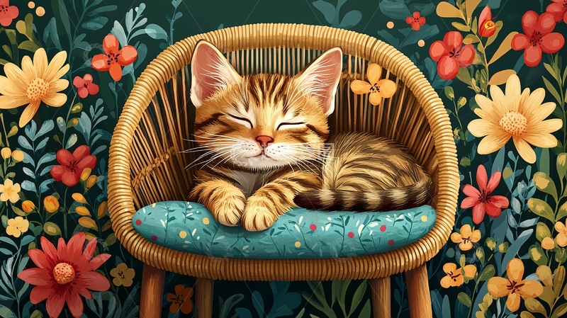 高清大图下载【趣麦麦图】小猫睡在藤椅上