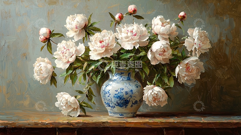 高清大图下载【趣麦麦图】白瓷瓶中盛开的白色牡丹