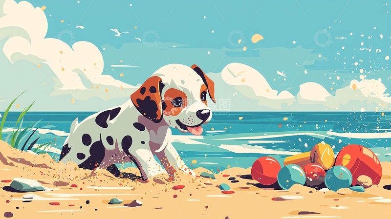 高清大图下载【趣麦麦图】沙滩上玩耍的小狗