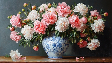 粉白牡丹花瓶静物油画