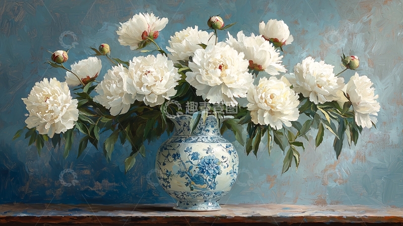 高清大图下载【趣麦麦图】白牡丹花瓶静物油画