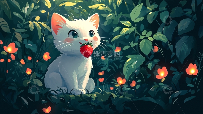 高清大图下载【趣麦麦图】萌白小猫吃草莓