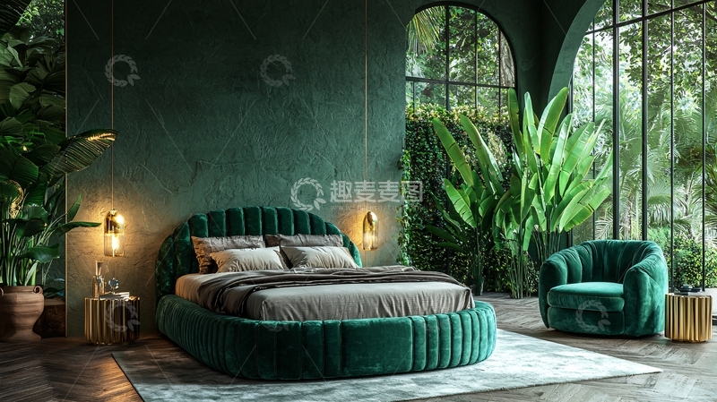 高清大图下载【趣麦麦图】暗绿绒布圆形床