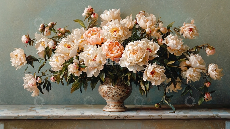 高清大图下载【趣麦麦图】精美牡丹花瓶静物油画