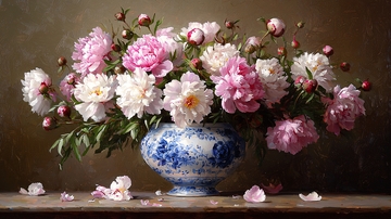 精美牡丹花瓶静物油画