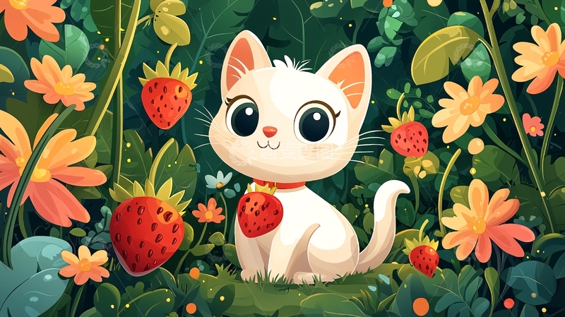 高清大图下载【趣麦麦图】可爱卡通小猫草莓