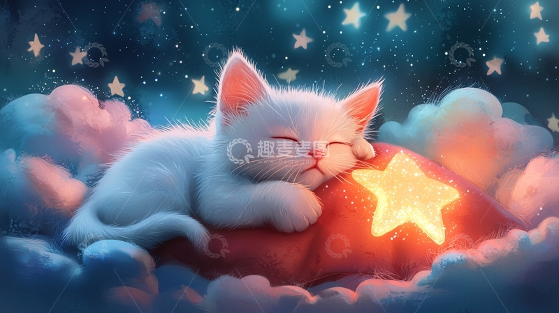 高清大图下载【趣麦麦图】小猫睡在星星云朵上