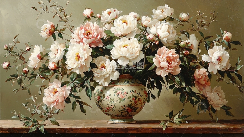 高清大图下载【趣麦麦图】精美牡丹花瓶静物油画