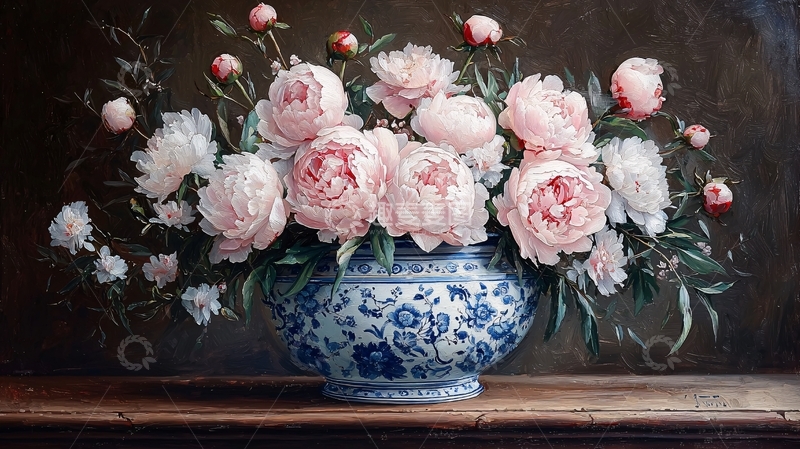 高清大图下载【趣麦麦图】粉红色牡丹花卉静物油画