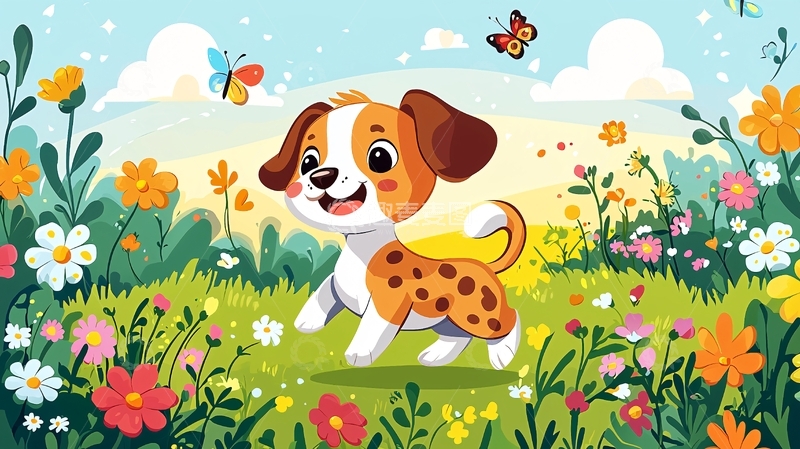 高清大图下载【趣麦麦图】小狗在花丛中玩耍