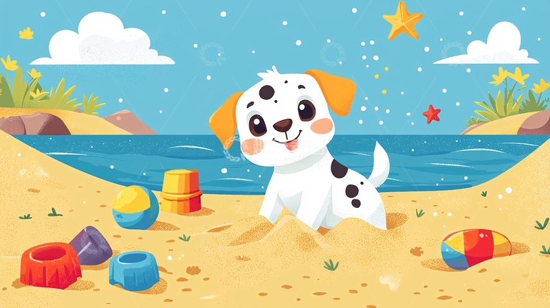 高清大图下载【趣麦麦图】卡通小狗沙滩玩耍