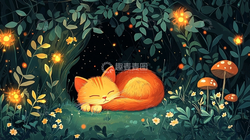 高清大图下载【趣麦麦图】夜晚森林猫咪