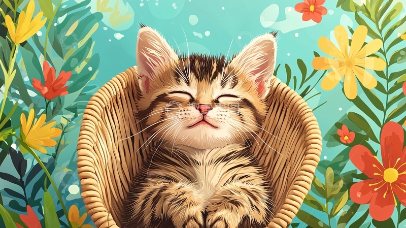 高清大图下载【趣麦麦图】可爱的小猫在花丛中睡觉