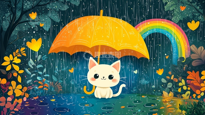 高清大图下载【趣麦麦图】雨中猫咪彩虹伞
