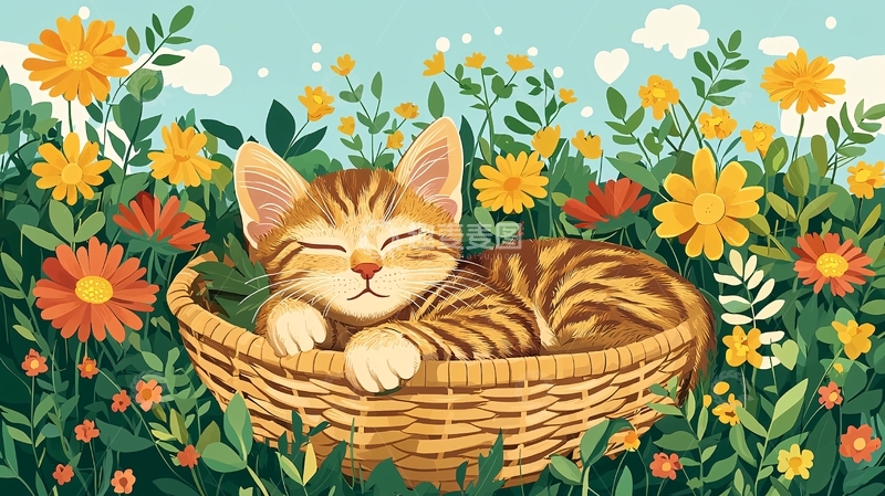 高清大图下载【趣麦麦图】小猫睡在花篮里