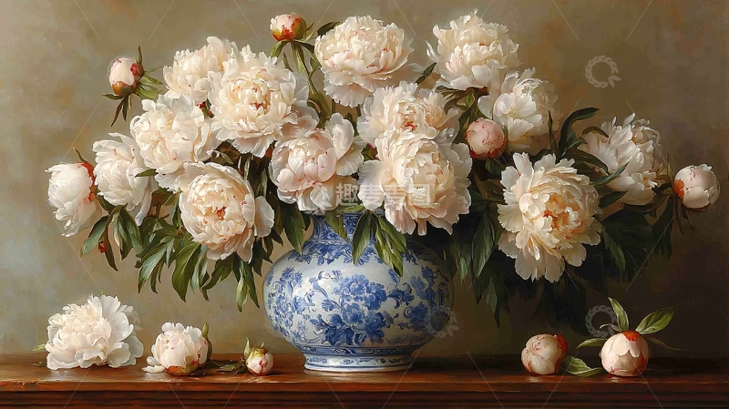 高清大图下载【趣麦麦图】白牡丹花瓶静物油画