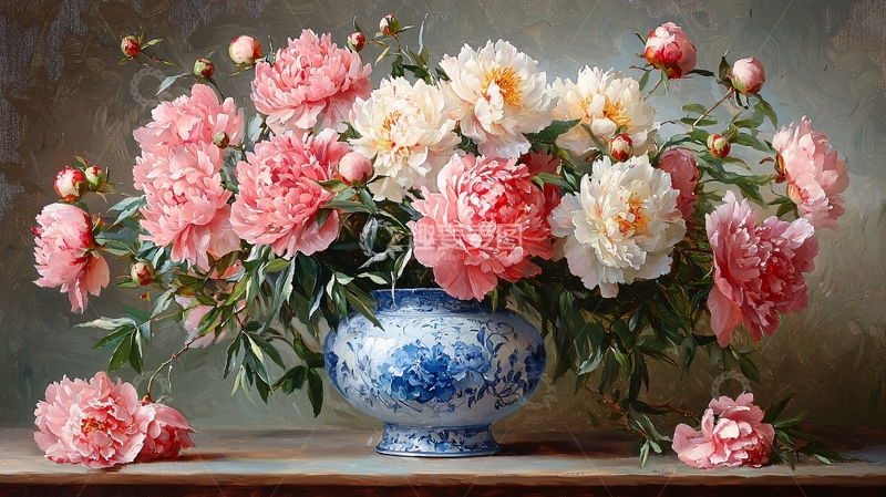 高清大图下载【趣麦麦图】精美牡丹花瓶静物油画