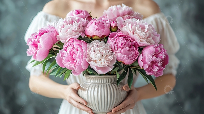 高清大图下载【趣麦麦图】女子怀抱粉色牡丹花束