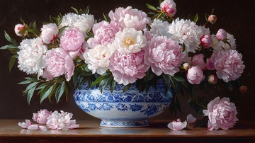 粉白牡丹花瓶静物油画