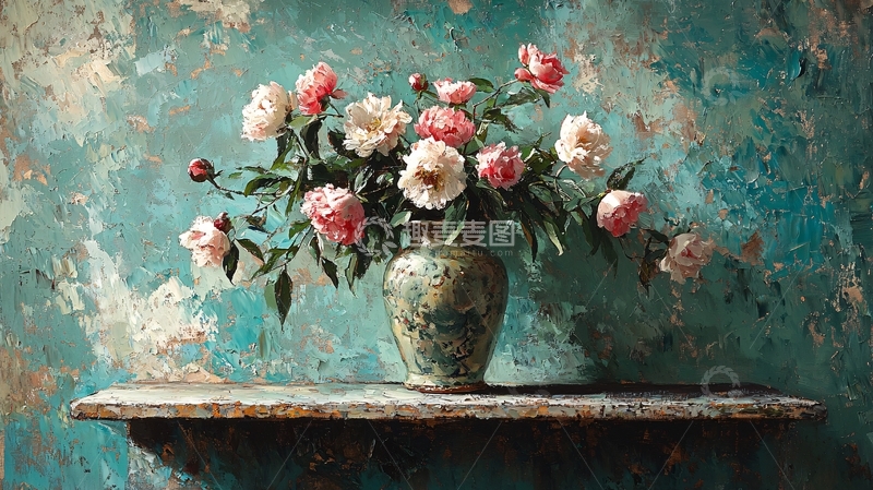 高清大图下载【趣麦麦图】花瓶里粉白牡丹静物油画