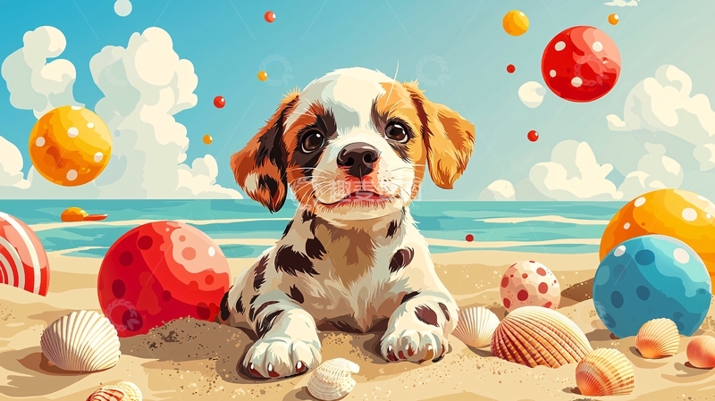 高清大图下载【趣麦麦图】沙滩上可爱的小狗