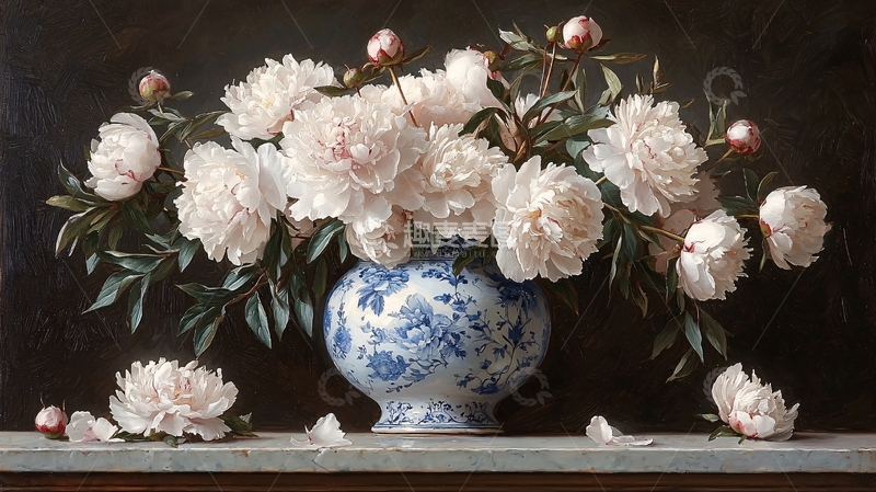 高清大图下载【趣麦麦图】白瓷花瓶牡丹静物画