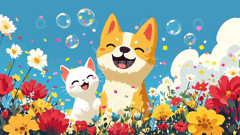 高清大图下载【趣麦麦图】小狗小猫花田嬉戏