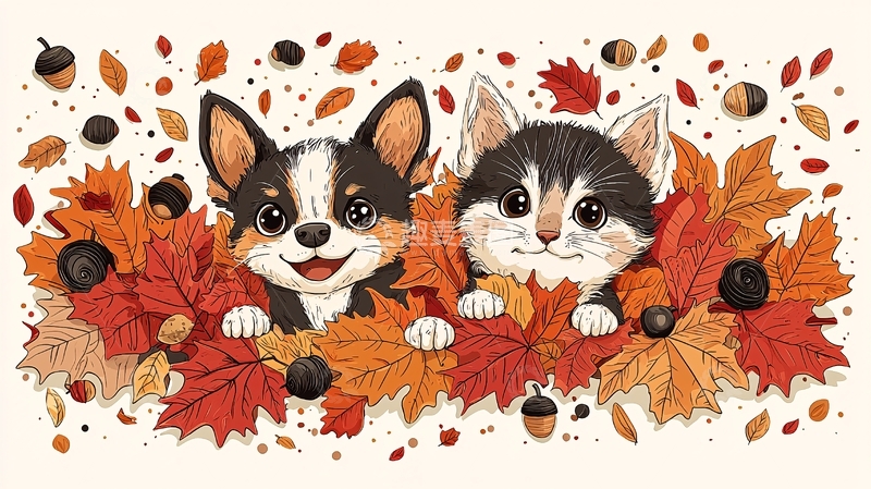 高清大图下载【趣麦麦图】秋天小狗小猫