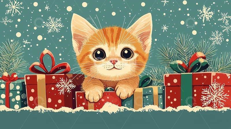 高清大图下载【趣麦麦图】可爱小猫与圣诞礼物