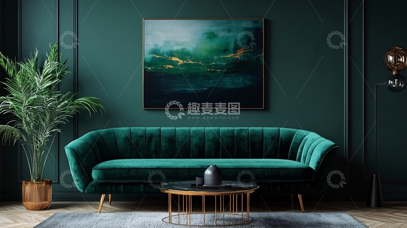 高清大图下载【趣麦麦图】墨绿色沙发搭配深绿色墙壁