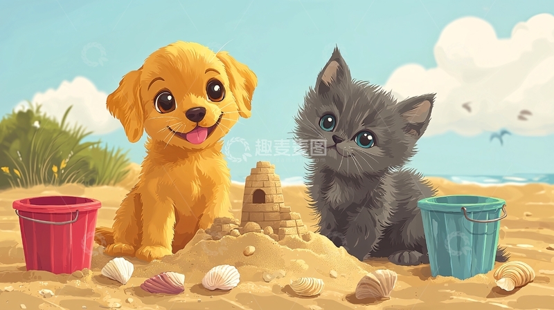 高清大图下载【趣麦麦图】小狗小猫沙滩玩耍